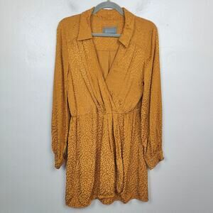 Anthropologie‎ Jacquard Long-Sleeve Mini Dress Womens Medium Gold Wrap Front
